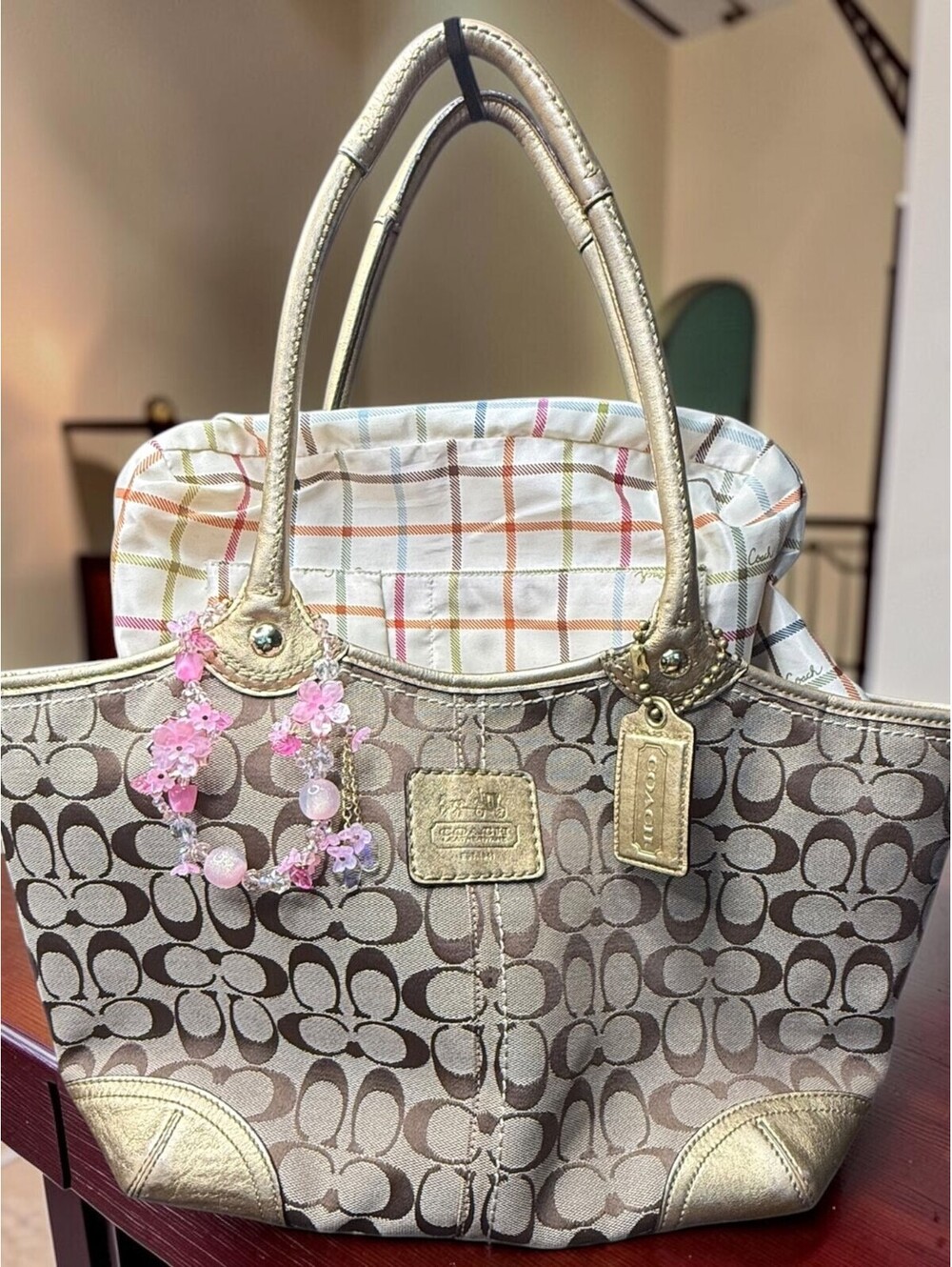 Coach Bleecker Signature Tote 12369 Khaki Gold Tattersall Y2K 2008